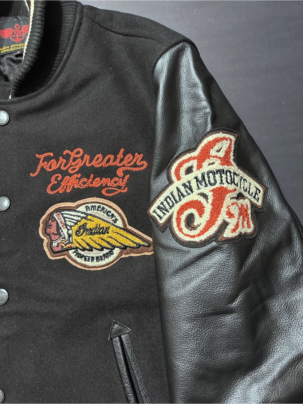 Vintage Indian Motorcycle Leather Sleeve Varsity Bomber Jacket Black L Patches - Picture 9 of 16